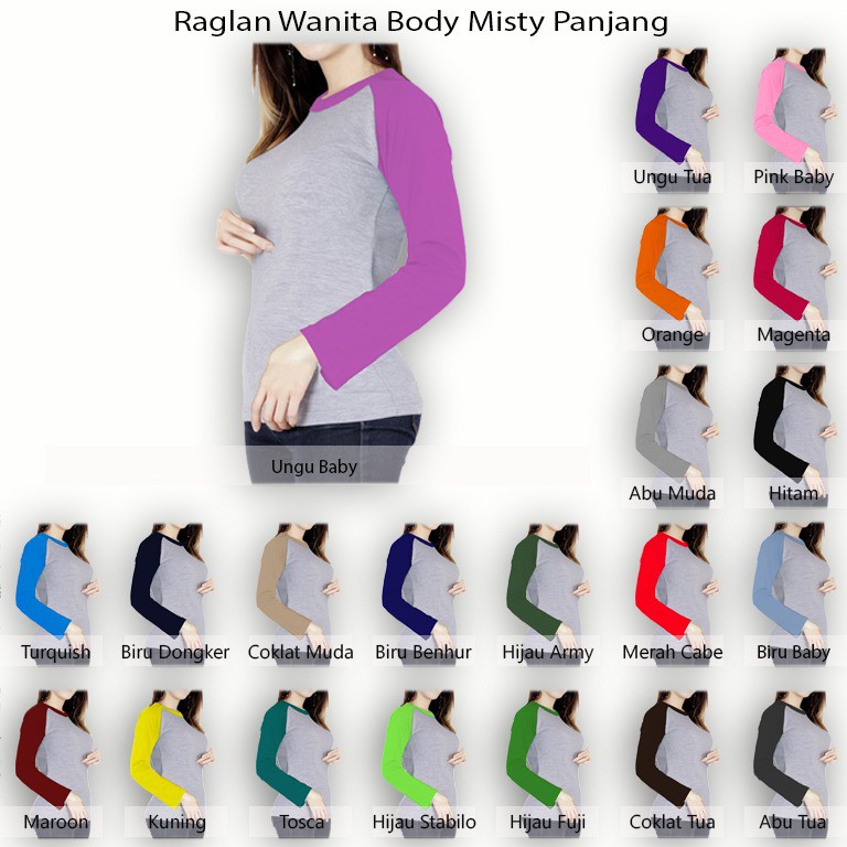 Kaos Raglan Wanita Body XS-XXL Misty Lengan Panjang COTTON COMBED MURAH