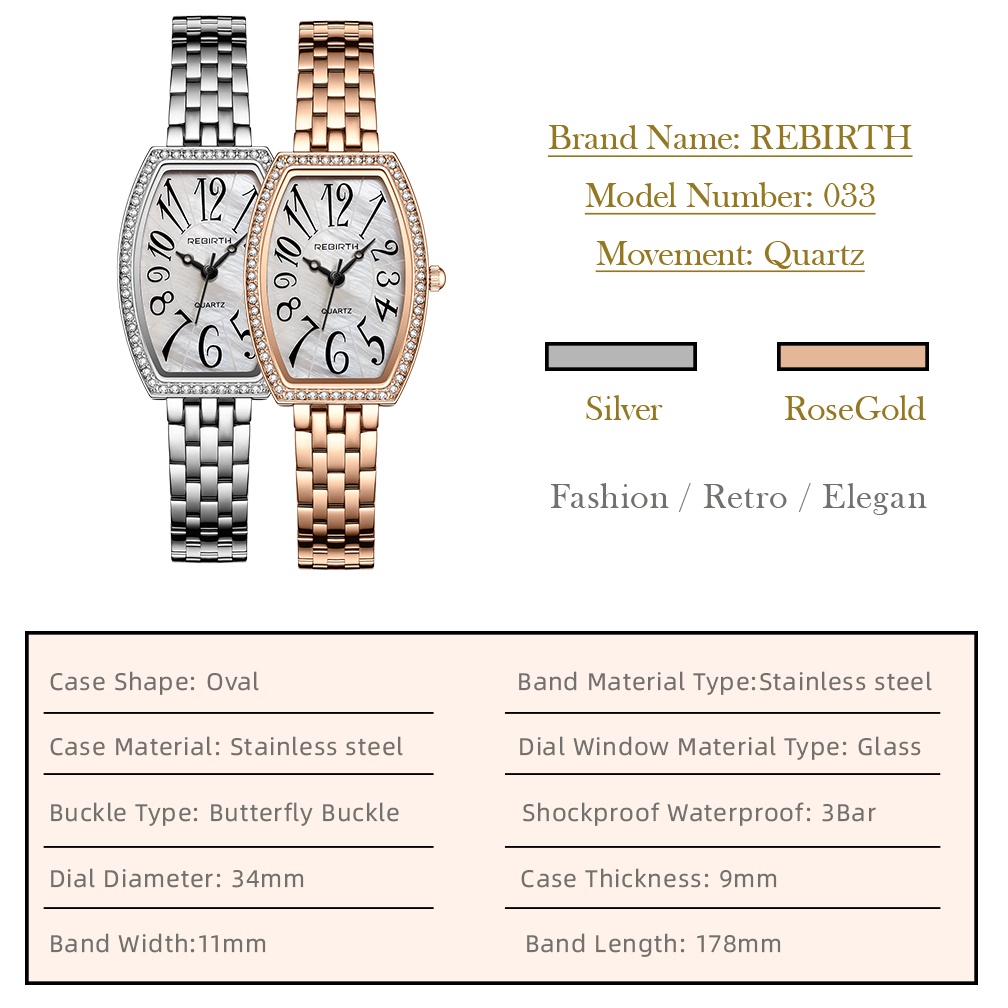 REBIRTH Jam Tangan Wanita Mode Anggun Vintage Tonneau Dial Display Tali Stainless Steel Tahan Air Kuarsa Jam Tangan Cewek