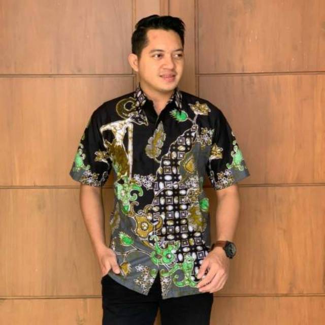 Pabrik Batik HRB026 Kenongo Kemeja Batik pria biru Pendek Pekalongan Padi M L XL Sogan Tulis Halus