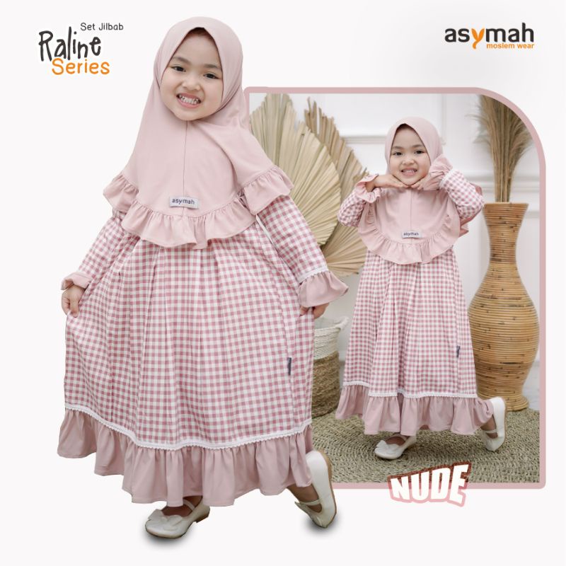 𝐀𝐒𝐘𝐌𝐀𝐇 - Gamis Anak Kotak-Kotak Bahan Katun Raline Series Warna Nude