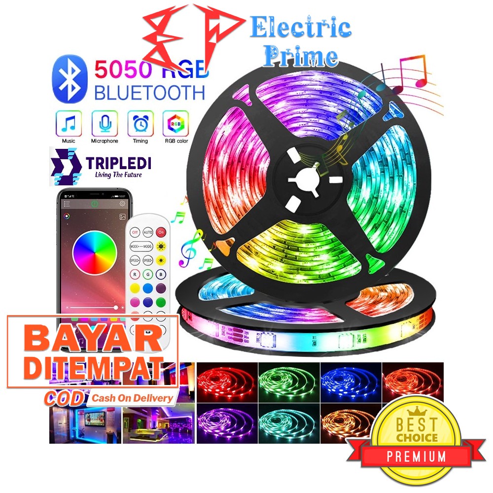 LED Strip Smart RGB Bluetooth Light 5 Meter 12V Power Adapter TRIPLEDI SMD5050 Waterproof Lampu Hias