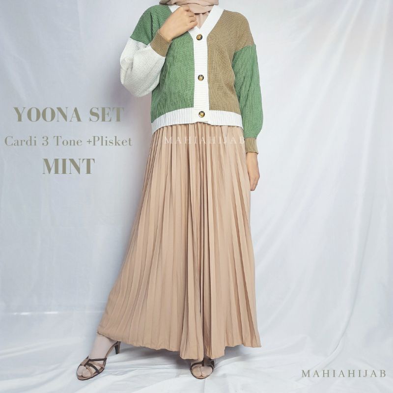 Yoona Set Cardi 3tone + Rok plisket premium,KOREAN STYLE,daily outfit , OUTFIT RAJUT ,  SETELAN LENGKAP , by Mahiahijab