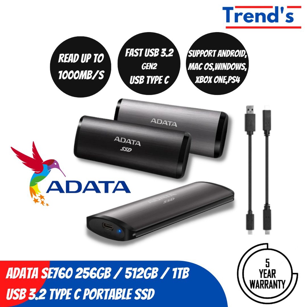 SSD External SE760 SSD Portable ADATA Type C R 1000 MB/s W 800 MB/s