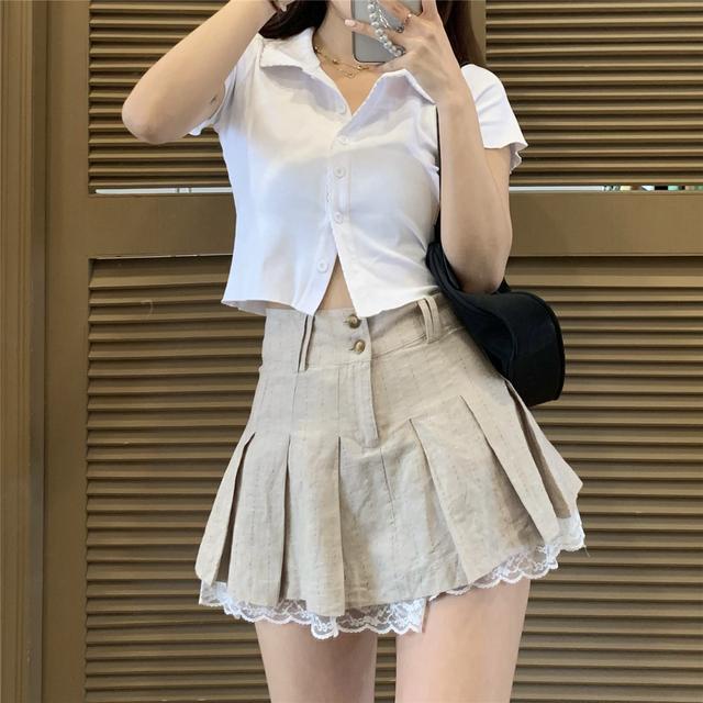 #Sisjuly# Korea GadispoloKerah Cardigan Lengan PendekTT-shirt+Desain Katun dan Linen Renda Jahitan Lipit Rok P