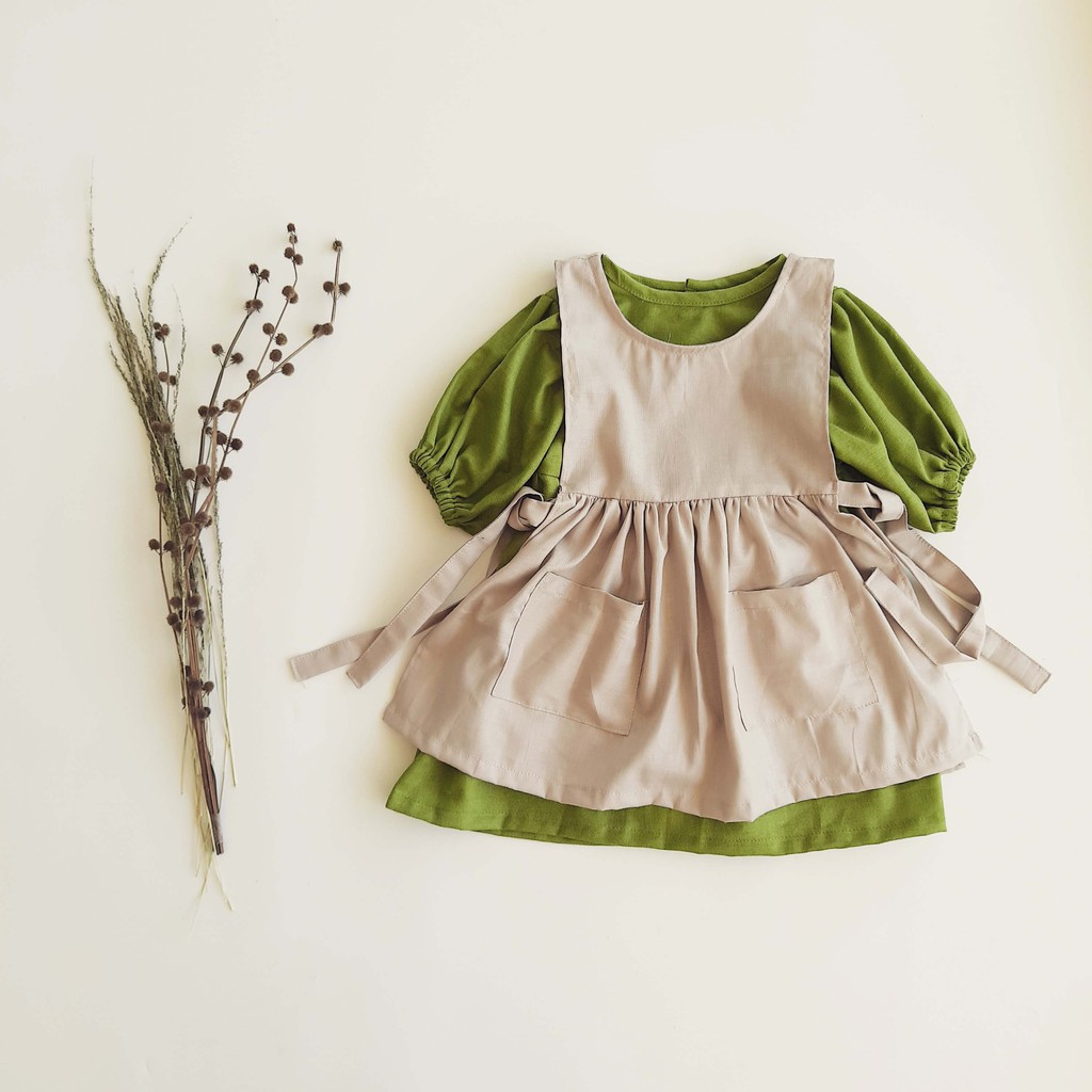 SAGISO SET - Dress Linen Lengan Pendek dan Appron Anak Perempuan