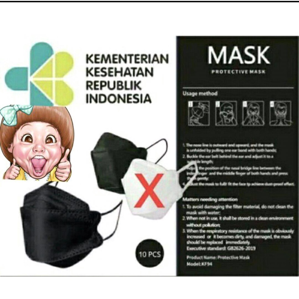 ( TANPA BOX KF94 / 1 Pack isi 10 pcs ) Masker KF94 / Masker KF 94 / Masker Murah Warna Putih / Hitam