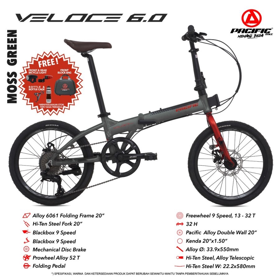 SEPEDA LIPAT PACIFIC VELOCE 6.0 20” 9 SPEED FRAME ALLOY MECHANICAL DISC BRAKE BICYCLE FOLDING BIKE