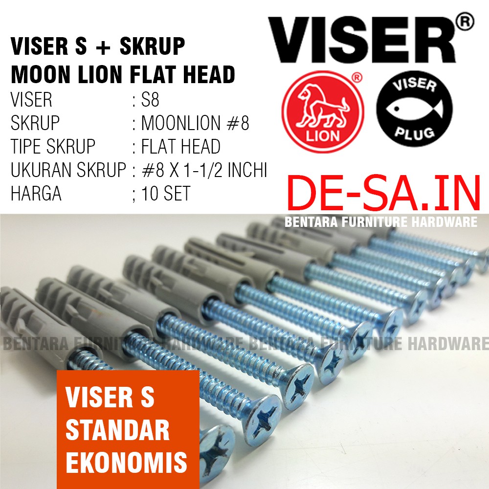 10 x Viser S8 + Screw Flat Head Moon Lion #8 x 1-1/2&quot; - Skrup Angkur Dinding Tembok