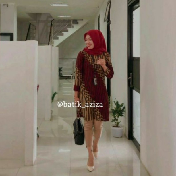 Tunik Batik Wanita Couple Batik Lengan Panjang Seno Marun BATIK AZIZA