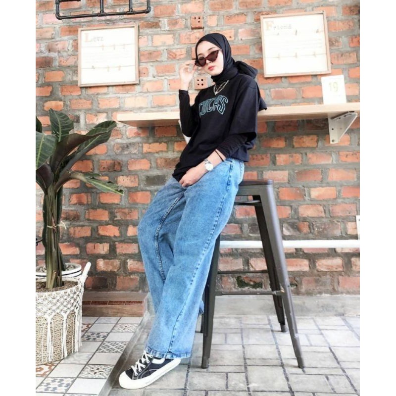 Celana Rency Jeans Boyfriend Wanita Model Kulot Snow Acid// CELANA KULOT SNOW BLACK AND SNOW BLUE ESTORIA