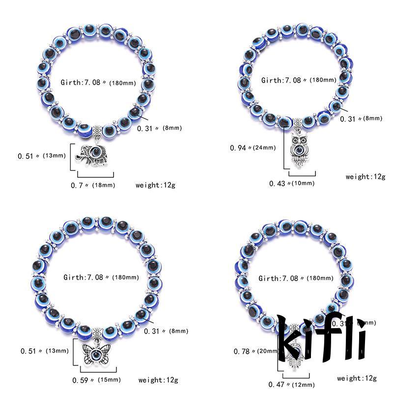Gelang Tangan Tali,Elastis Manik Kaca,Bulat Motif Mata Iblis,Biru Gaya Klasik,Untuk Wanita