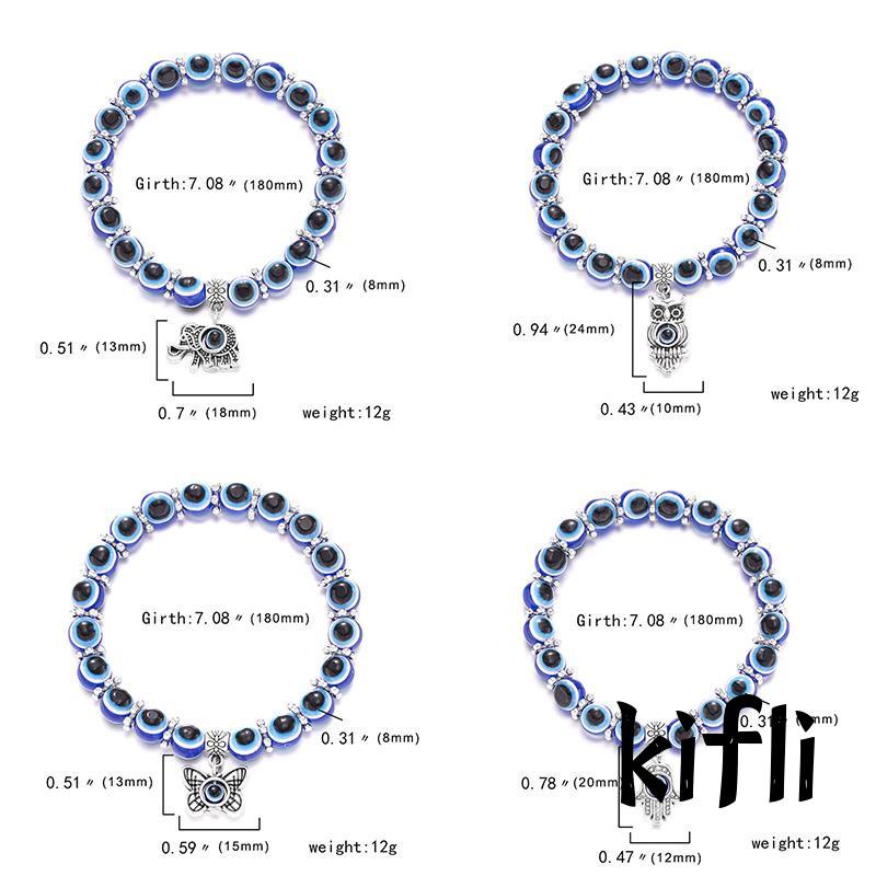 Gelang Tangan Tali,Elastis Manik Kaca,Bulat Motif Mata Iblis,Biru Gaya Klasik,Untuk Wanita