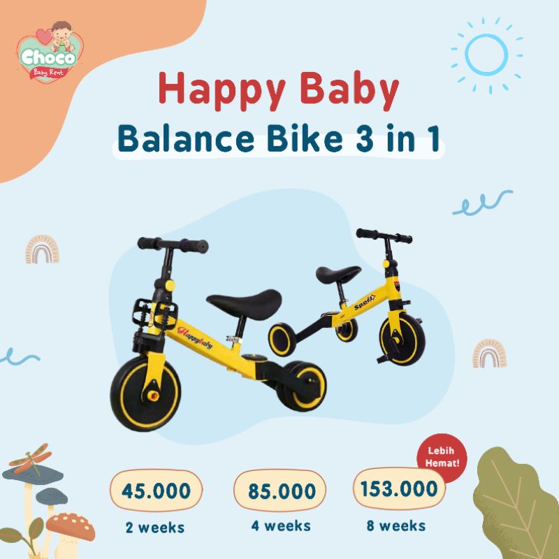 ❤️ChocoBabyToys❤️TIDAK DIJUAL, DISEWAKAN Balance Bike Happy Baby 3 in 1 Sepeda Anak Roda 3