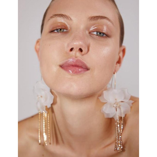 LRC Anting Tusuk Fashion Gold Alloy Diamond Resin Flower Tassel Earrings F91334