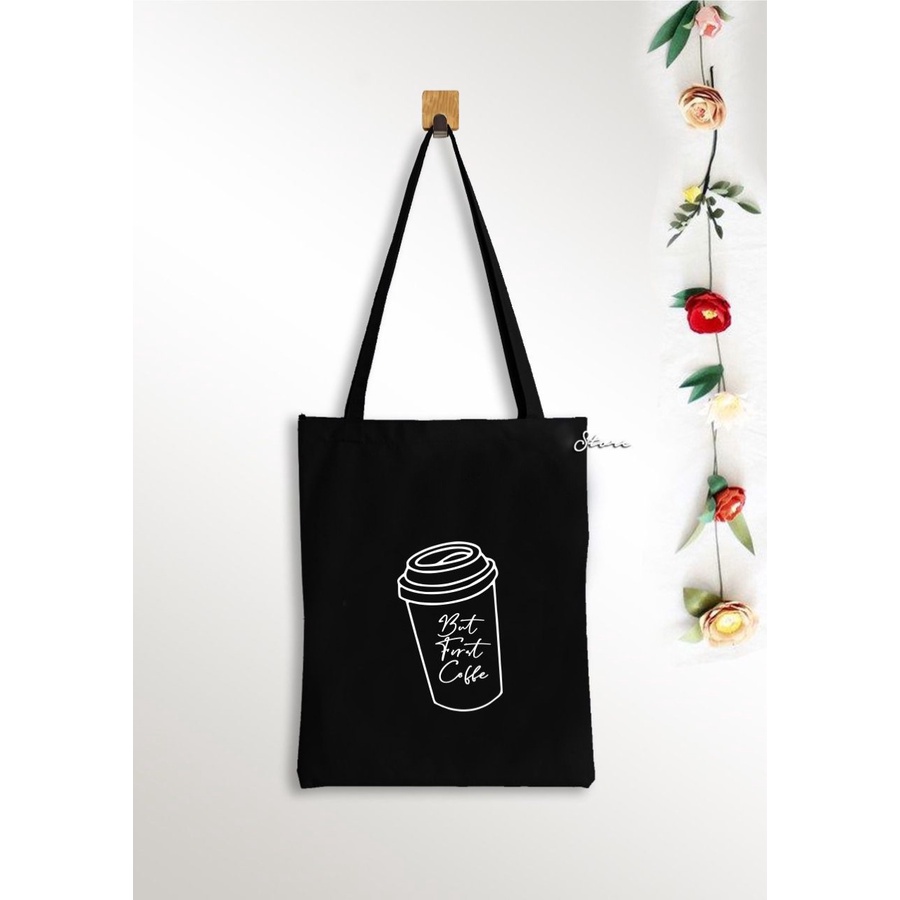 Tas Totebag wanita Kanvas Murah / Tas Tote Bag Wanita Pria Coffee - Hitam