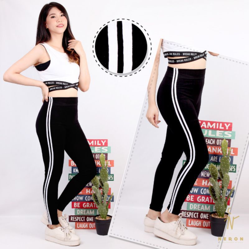 Legging HW Wanita Import - Legging Motif List Merk Neron - Celana Legging Wanita Jumbo Halus Dan Tebal