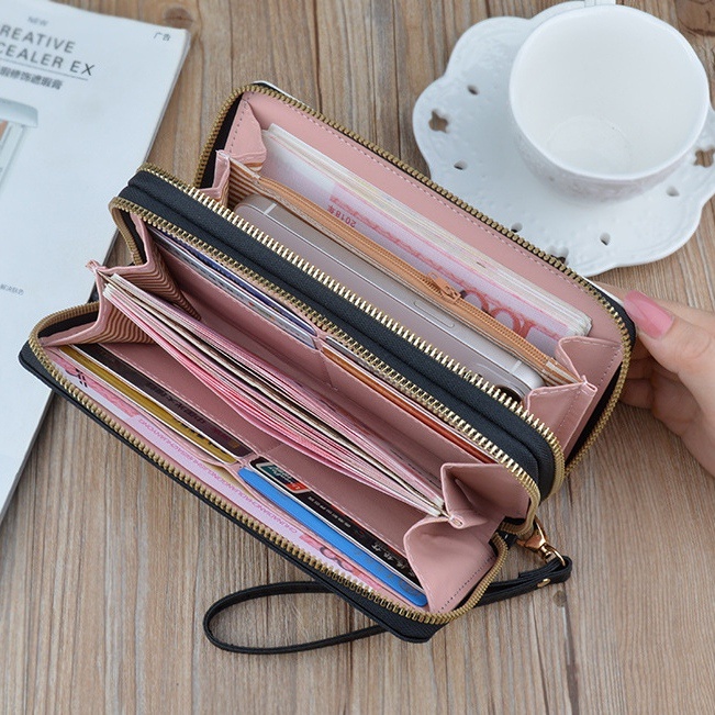 DOMPET PANJANG WANITA PREMIUM 2 RESLETING MUAT HP KULIT HITAM MASOVIA WA577B5 TALI PENDEK KARTU UANG KOIN BESAR BRANDED IMPORT REMAJA KEKINIAN BRANDED BATAM