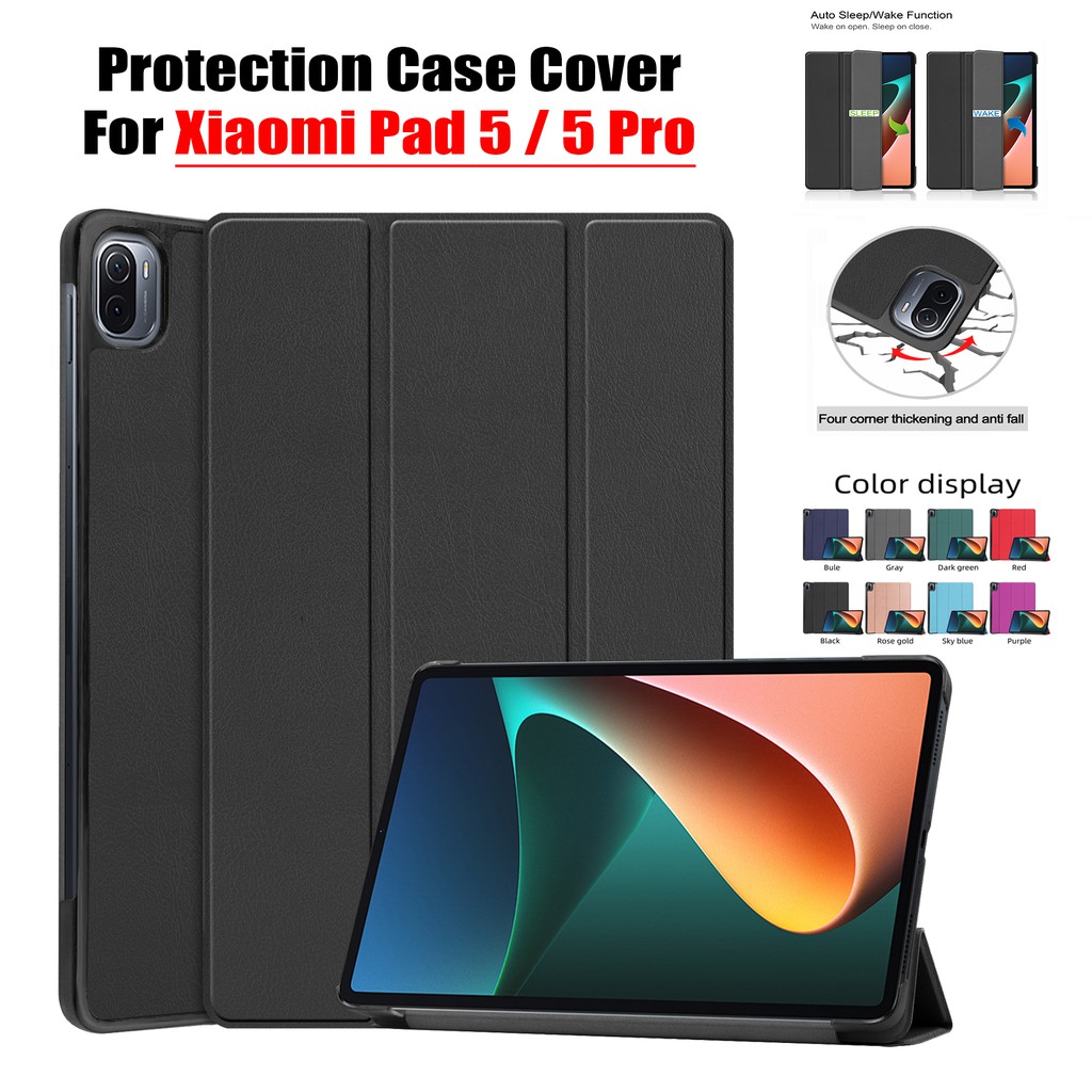 Untuk Xiaomi Pad5/Pro/5G 11.0 Inci 2021sarung Pelindung Tablet Fashion Tri-fold Warna Solid Flip Leather Cover Berdiri Shell