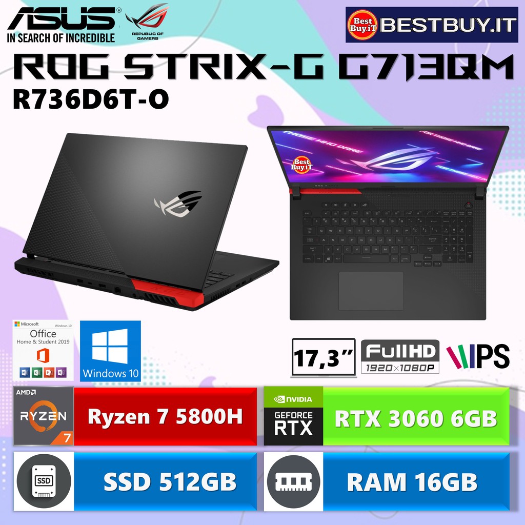 ASUS ROG STRIX-G G713QM R7-5800H 16GB 512GB RTX3060 17.3" 300Hz W10
