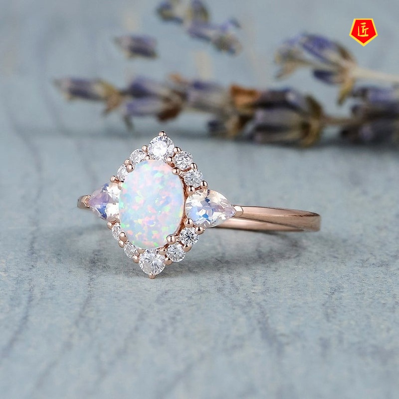 [Ready Stock]New Inlaid Moonstone Opal Ring Classic Elegant