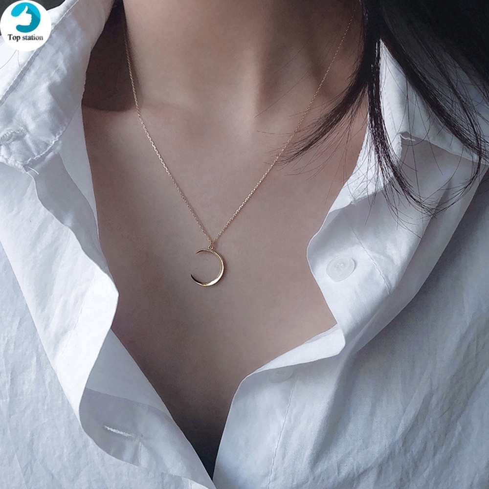 【COD Tangding】Kalung Rantai Dengan Liontin Bentuk Bulan Sabit Warna Emas Untuk Wanita