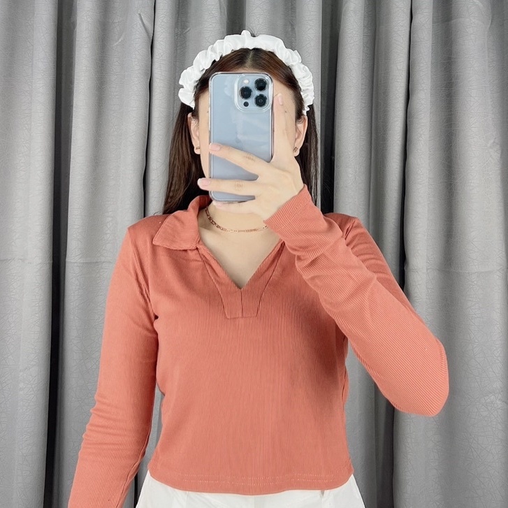 Knit collar vneck longsleeve 045 | Atasan vneck rajut lengan panjang