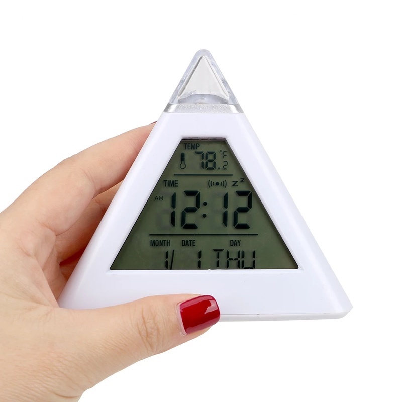 [7 LED Color Change Battery Operated Digital Alarm Clock With Night Light, Dimmer, Sleep Timer] [Electric Triangle Pyramid Clocks for Bedroom, Bedside, Desk, Table]