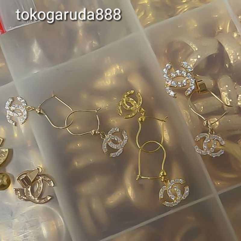 anting jepit CHANELL anak dan dewasa emas asli kadar 700 70% 16k 22 gold cetek klip permata