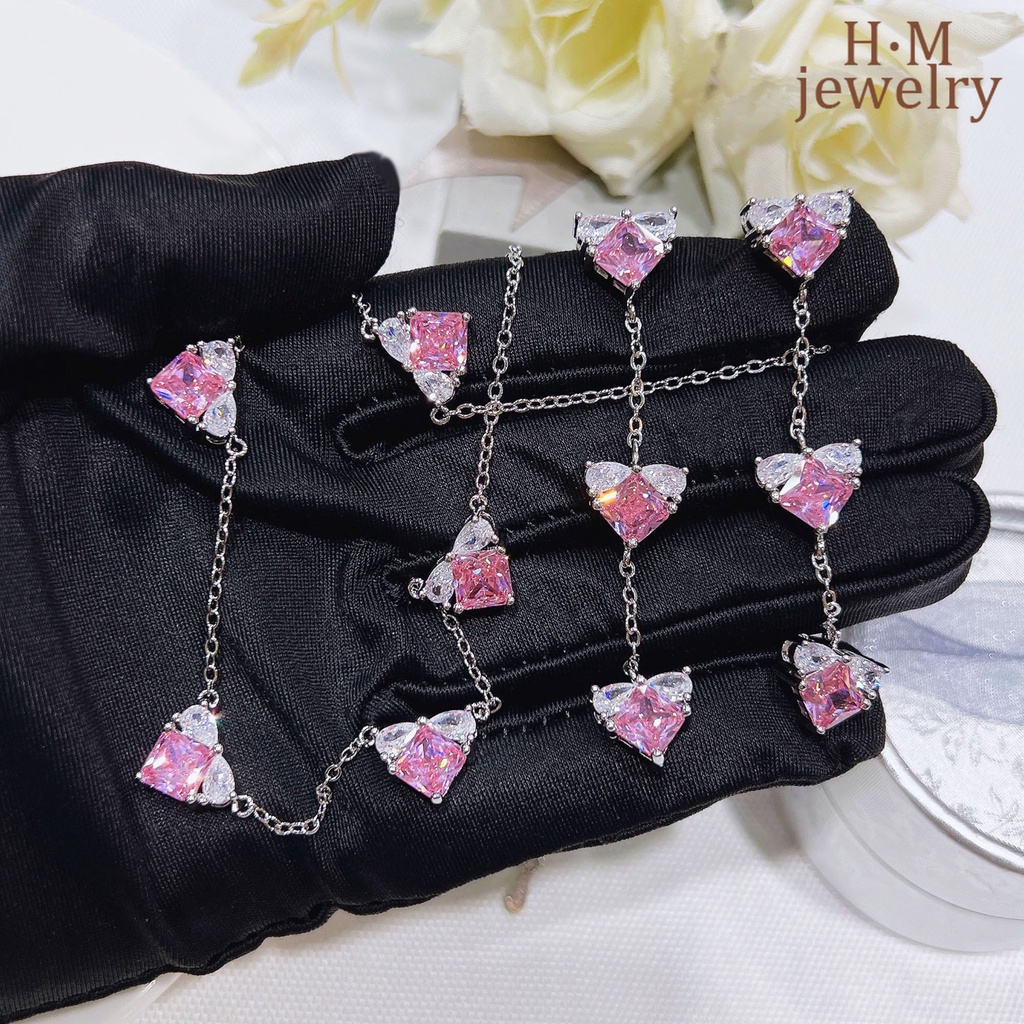 Set Anting Dan Kalung Panjang Bentuk Hati Aksen Berlian Warna Pink