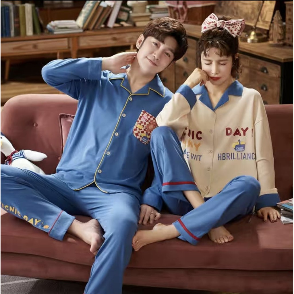 BAJU TIDUR PIYAMA PRIA WANITA COUPLE PP KAOS TEBAL IMPORT BERKUALITAS MOTIF KRA KANCING LIMA LENGAN PANJANG SETELAN CELANA PANJANG WARNA TERBARU BIRU DONGKER SIZE M-XXXL FIT TO 85KG