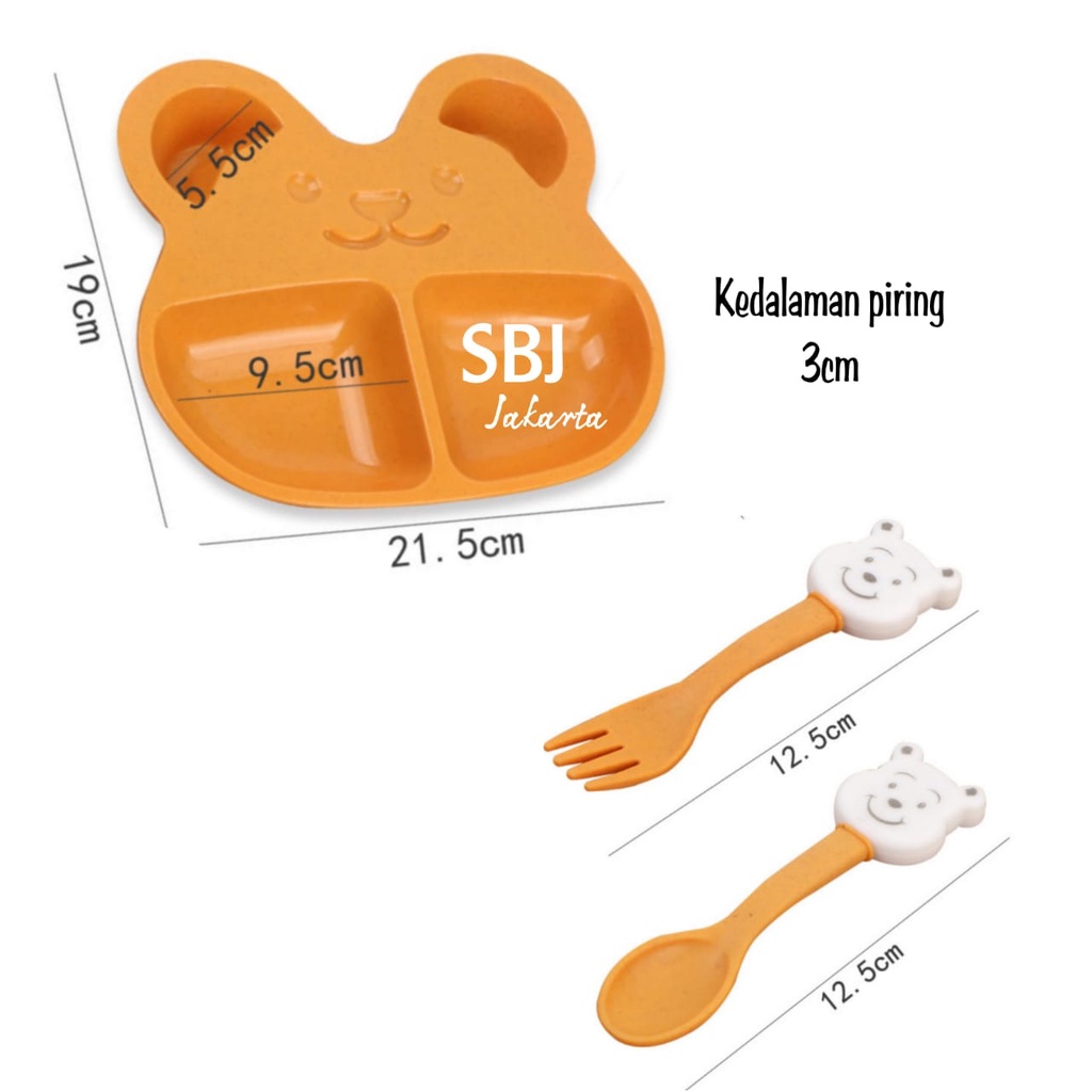 Set piring makan anak sekat bento bahan wheat fiber ada sendok garpu