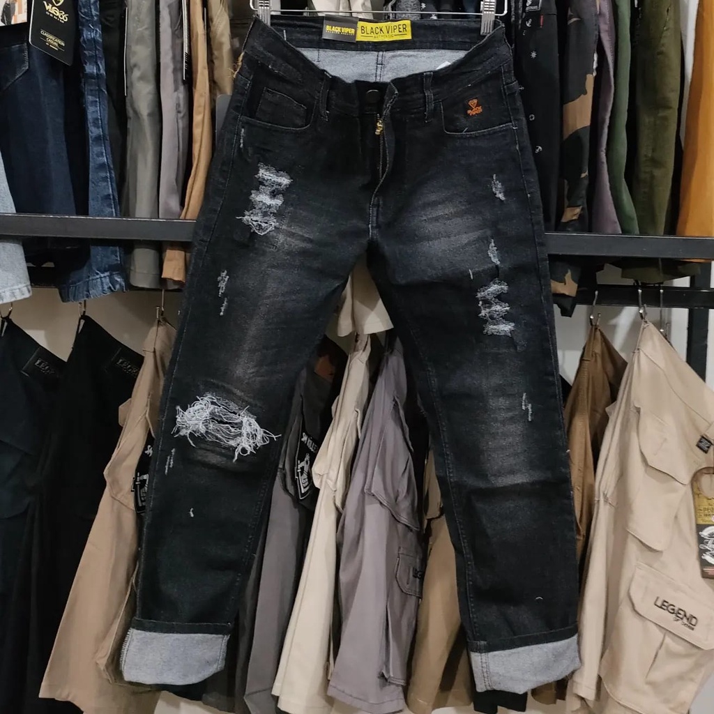 Celana Jeans Denim Panjang Slim Fit Sobek Lutut VLG36 Original Brewout
