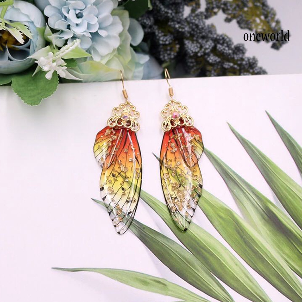 OW# Women Fashion Earrings Butterfly Wing Gradient Color Rhinestone Ear Hook Jewelry