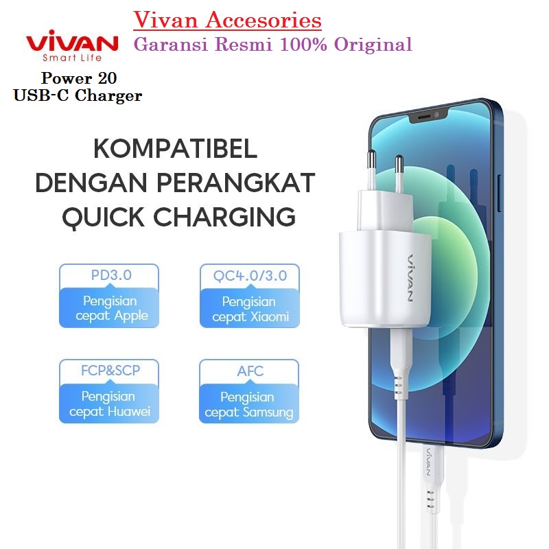 Vivan Power 20 USB-C 20W Power Adapter PD Charger Apple iPhone Android