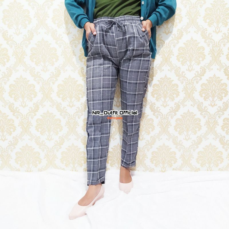 Celana Baggy Pants Wanita Motif Kotak-Kotak Salur Bahan Wanita All Size NR_Outfit Official COD