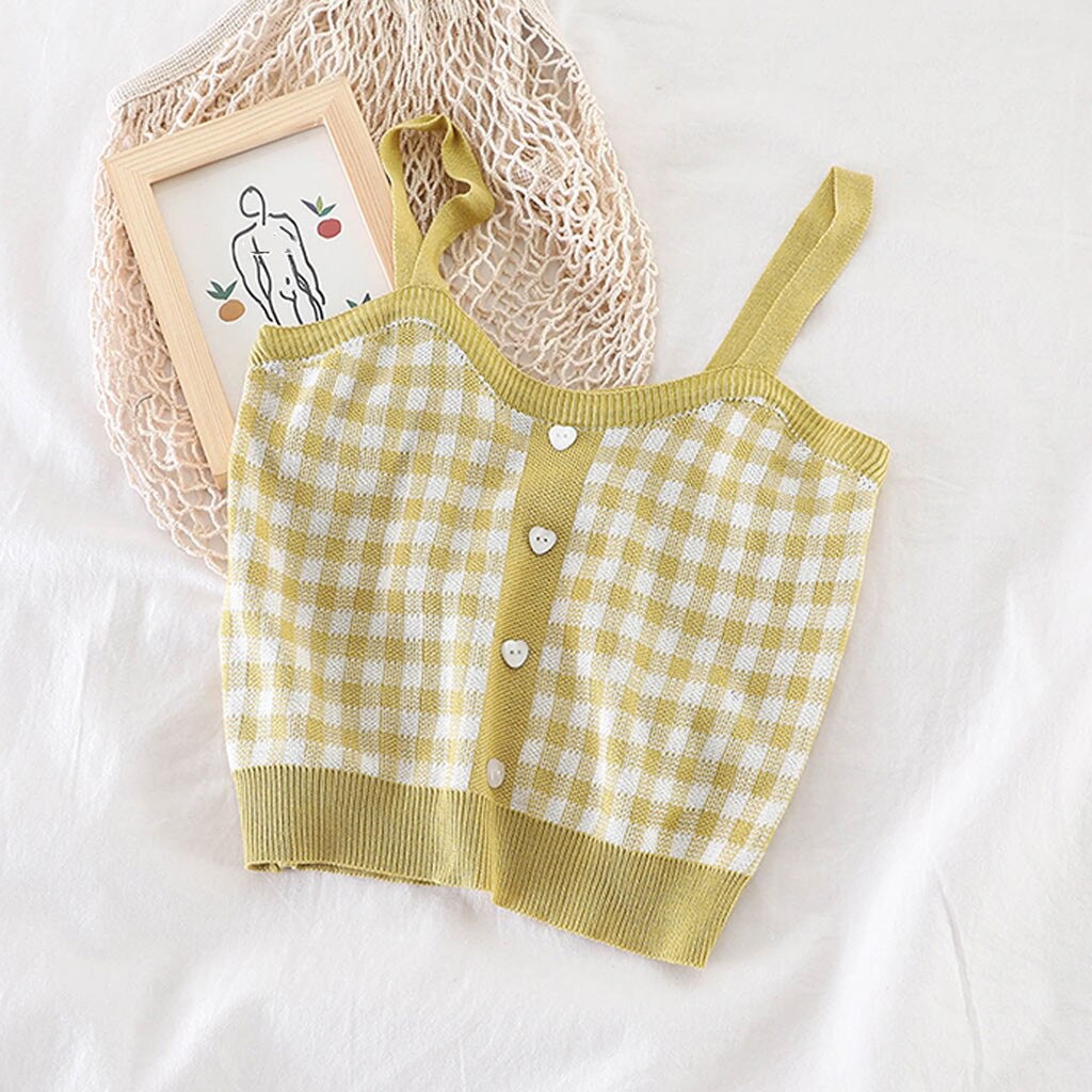 Korean Square Knit Crop Tank Top Wanita Motif Kotak - Kotak C053-Yellow