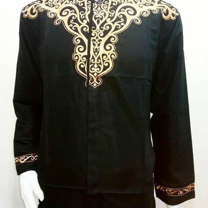Baju Kemeja Koko Pria Hitam Bordir Lengan Panjang Merk Benhill Origina - Hitam, M Sintashop45