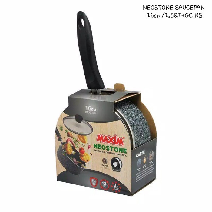 Saucepan 16cm NEOSTONE Maxim Panci Lapis +TUTUP KACA Keramik Anti Lengket