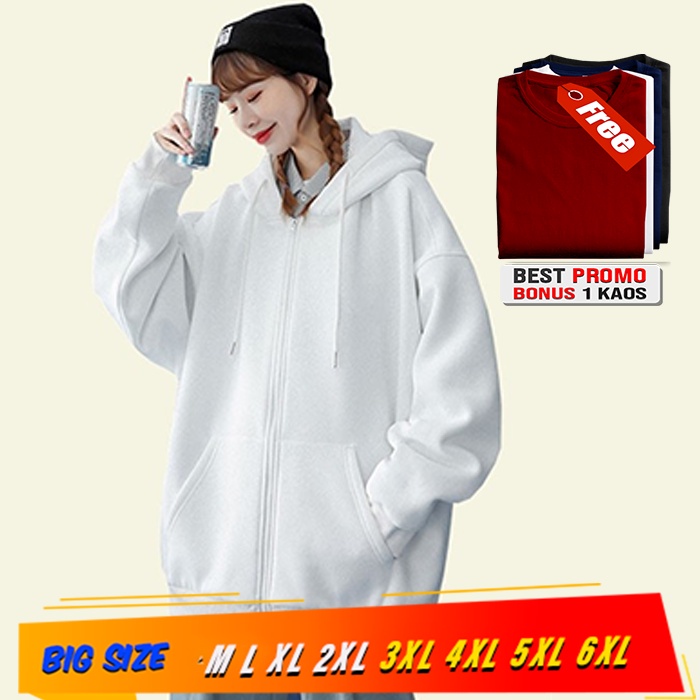 Jaket wanita Korean hoodie sweater White jaket polos big size M L XL XXL XXXL XXXXL XXXXXL