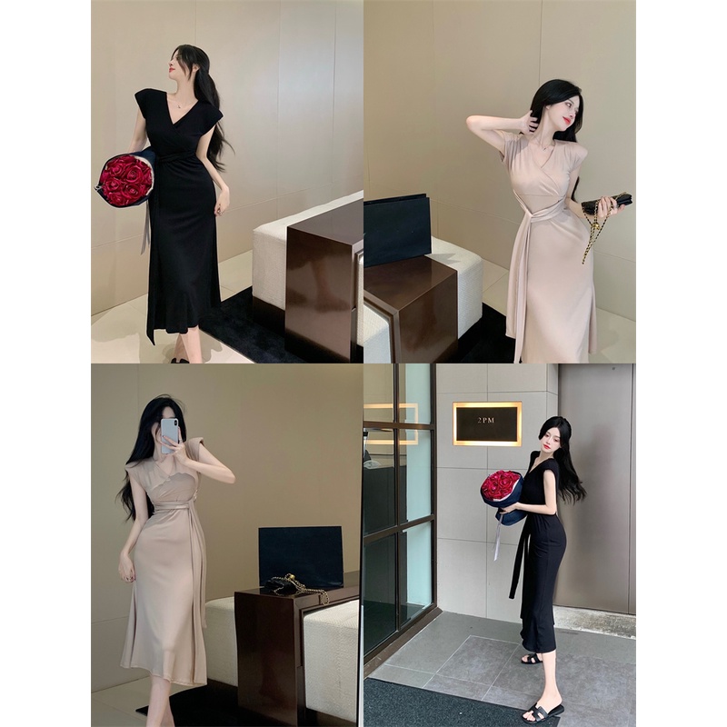 Suhao aprikot v-neck tanpa lengan bahu pad gaun wanita musim panas high-end slim fit mengurangi usia