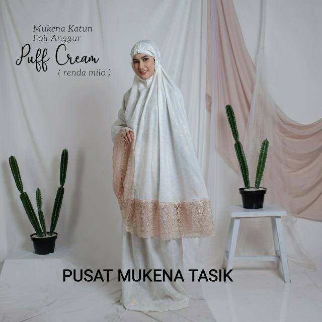 Mukena Dewasa Jumbo Katun Foil Renda Anggur Puff Cream Renda Milo | Pusat Grosir Mukena Murah