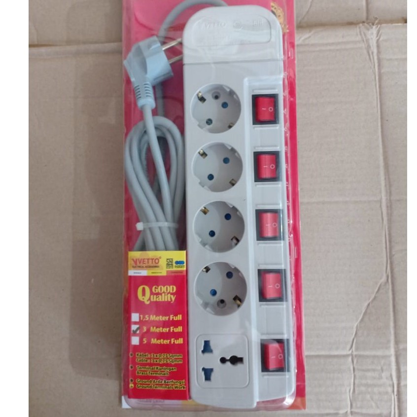 Stop Kontak VETTO MS-5 MS5 (5 Lubang 3 Mtr) Multi Socket (Colokan Stop Kontak 5 Lubang)