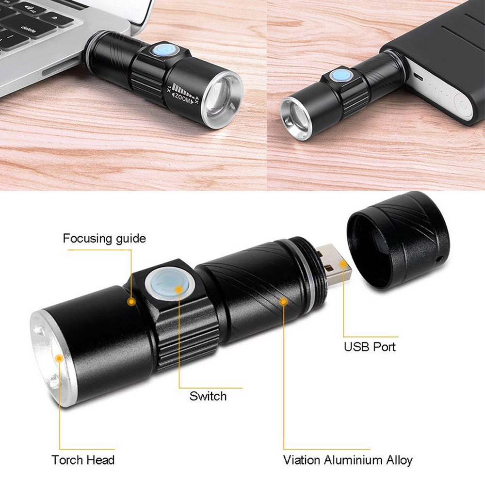 TaffLED Senter LED USB Rechargeable 2000 Lumens USB Built-in battery Rechargeable lasting Flashlight Q5 3 modes mini Zoom Light flash Waterproof Tactical Camping Bike Torch Portable 5W 395nm UV Flashlight Curing Lamp USB Charging Detection Light