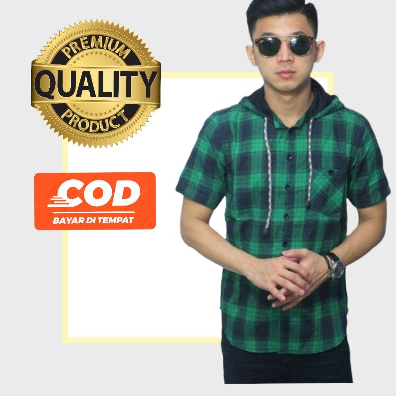 Kemeja Hoodie Pria Lengan Pendek Tartan - kemeja flanel
