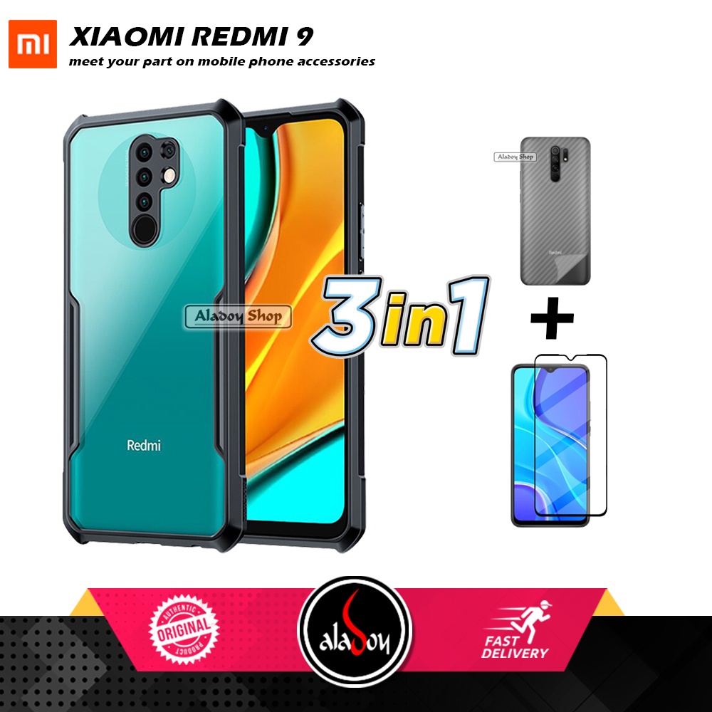 Case XIAOMI REDMI 9 Armor Fushion Transparent Casing + Tempered Glass Full Layar dan Skin Carbon