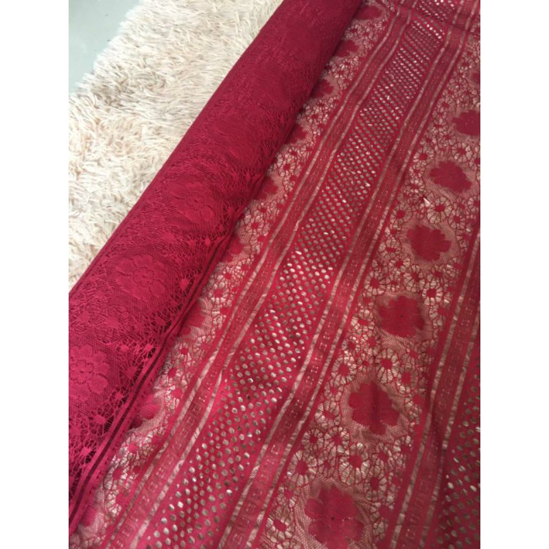 Bahan Kain Brokat Brukat Lace Royal Vintage Warna Merah Maroon