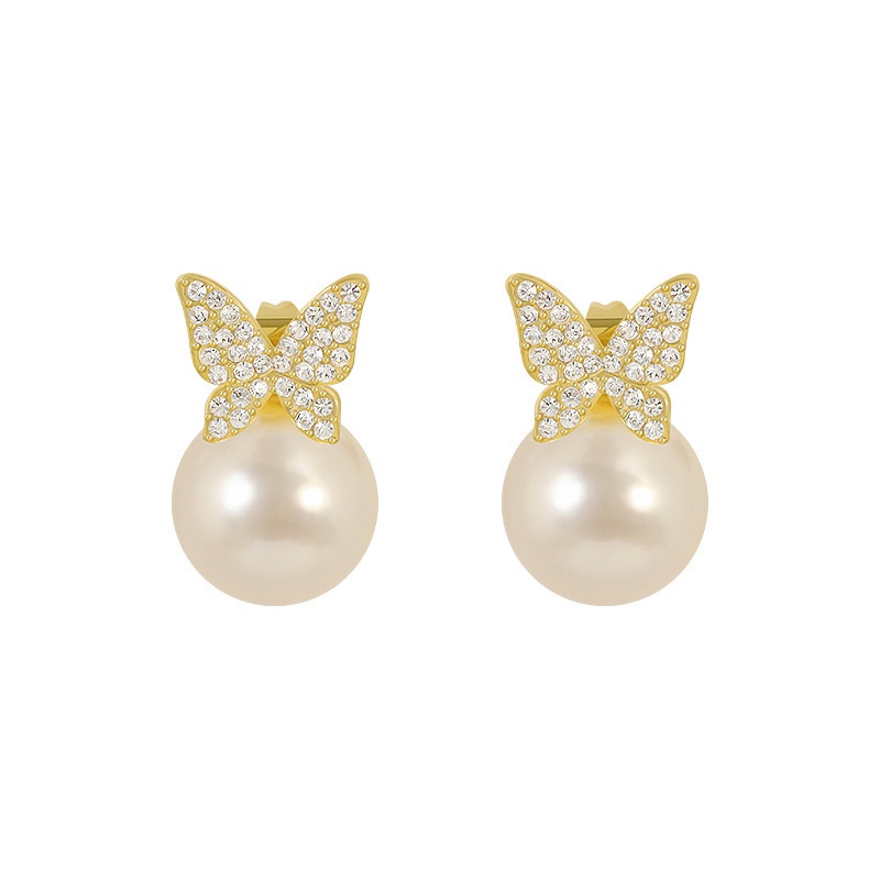 Korean Vintage Star Cream White Pearl Flower Stud Earrings Simple Fashion Elegant 925 Silver Needle Butterfly Earrings For Women