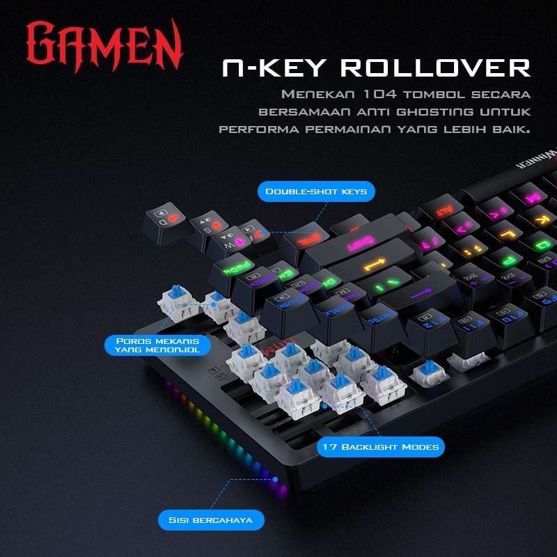 GAMEN Titan II Mechanical Pluggable Switch Blue Gaming Keyboard Wired Original - Garansi 1 Tahun