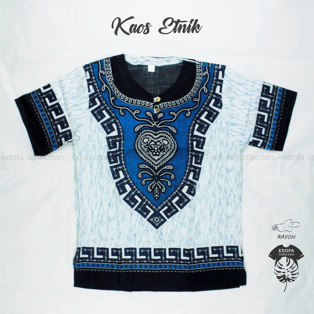 Kaos Etnik Dashiki Pria Wanita Motif Jefri Warna Biru Muda (Latar Putih)