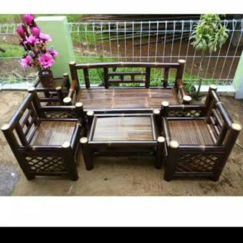 KURSI BAMBU HITAM SILANG FULL SET BONUS MEJA SUDUT